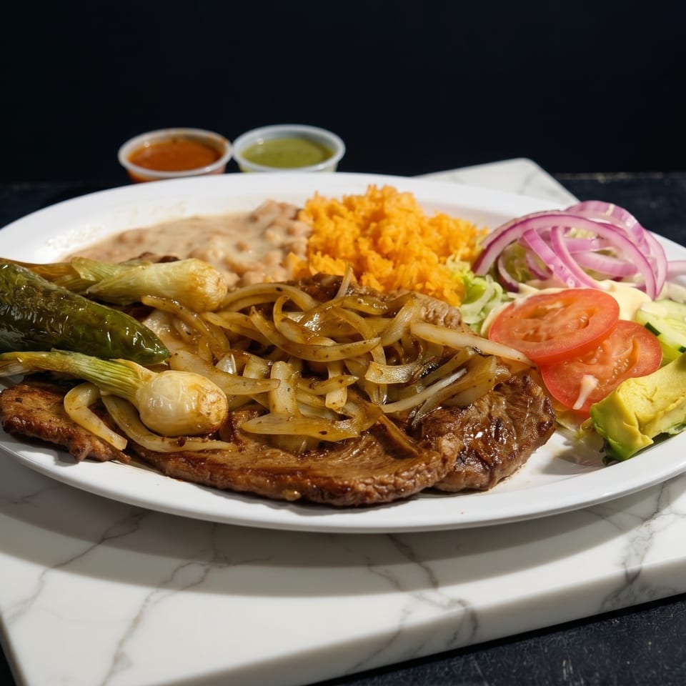 Carne asada with grilled onions, rice, beans, avocado, tomatoes, cucumber, and a jalapeño.