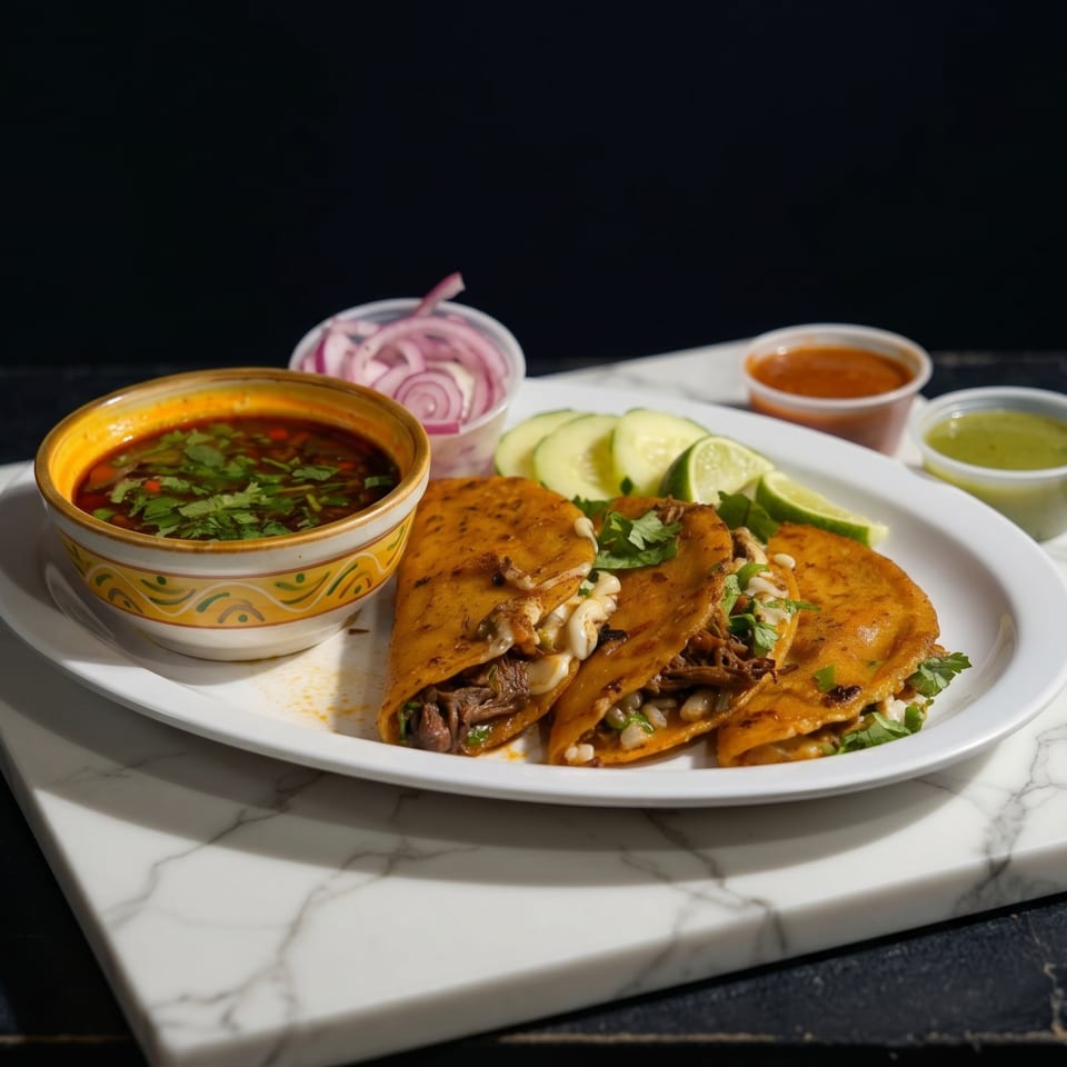 Birria tacos with consommé, red onions, cucumbers, limes, and two sauces on a white plate.