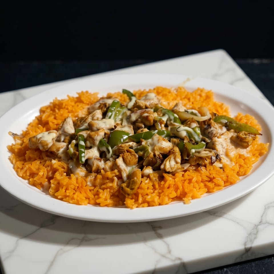 A white oval plate filled with orange rice, topped with chicken, green peppers, and a creamy sauce.