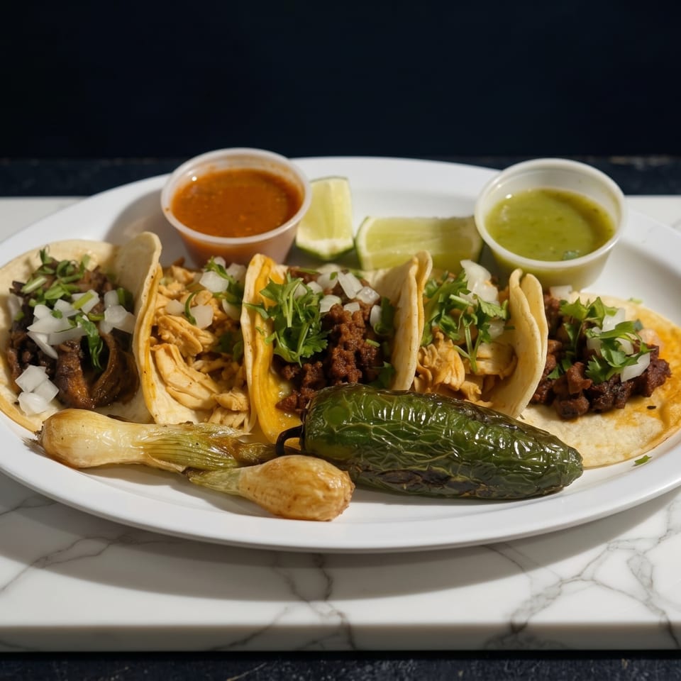 A white plate holds five tacos, two sauces, lime wedges, a grilled jalapeño, and a grilled green onion.