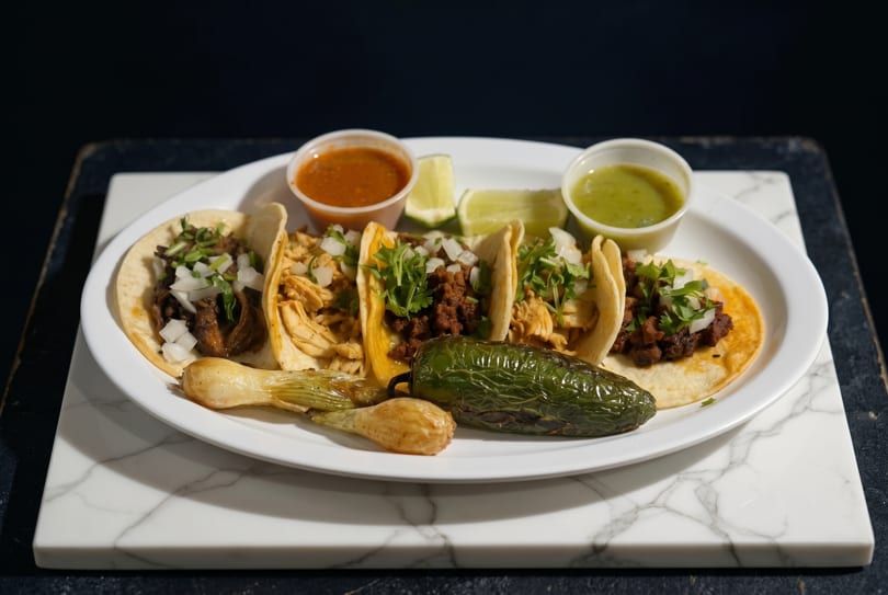 A white plate holds five tacos, two sauces, lime wedges, a grilled jalapeño, and a grilled green onion.