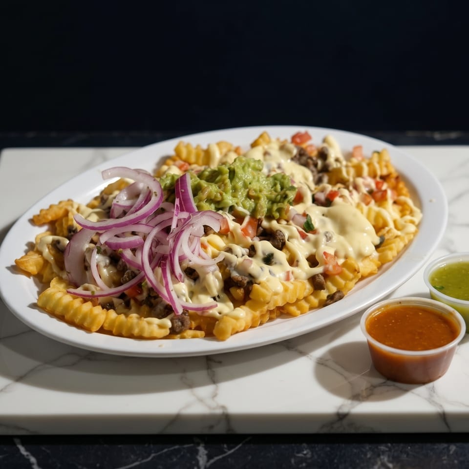 Loaded waffle fries with cheese, meat, guacamole, red onions, and two dipping sauces on a white platter.