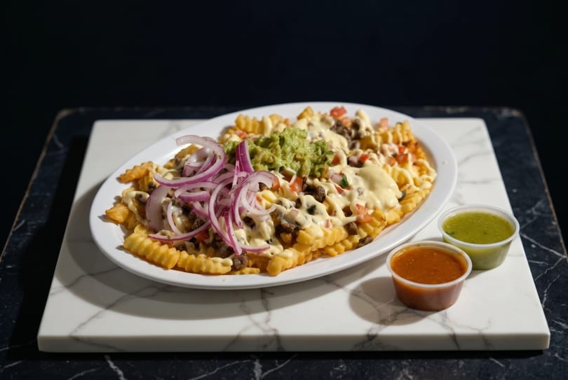Loaded waffle fries with cheese, meat, guacamole, red onions, and two dipping sauces on a white platter.
