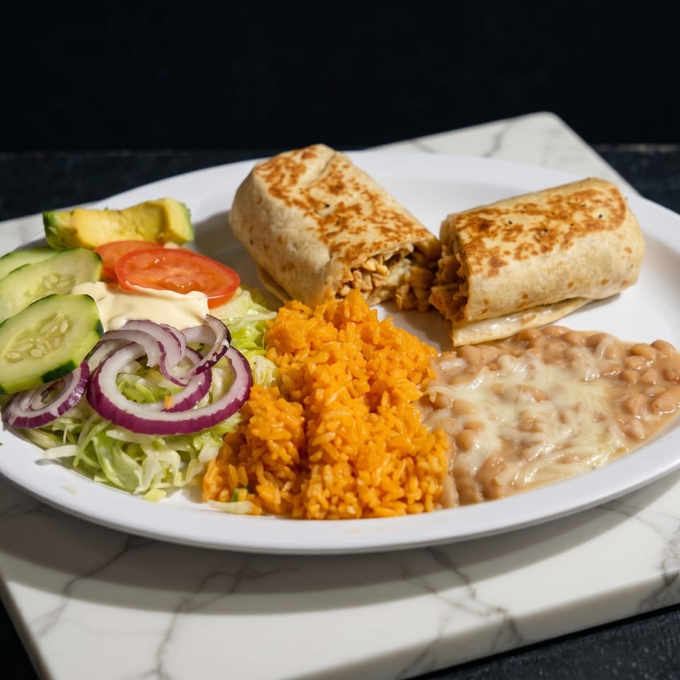 A burrito cut in half, served with orange rice, refried beans, and a side salad.