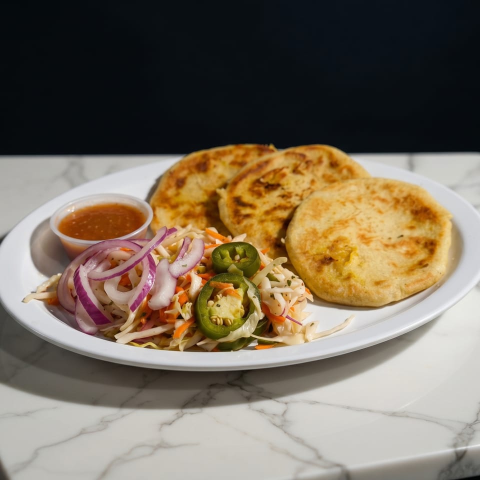 Three golden pupusas with curtido, red onions, jalapeños, and a side of salsa on a white plate.