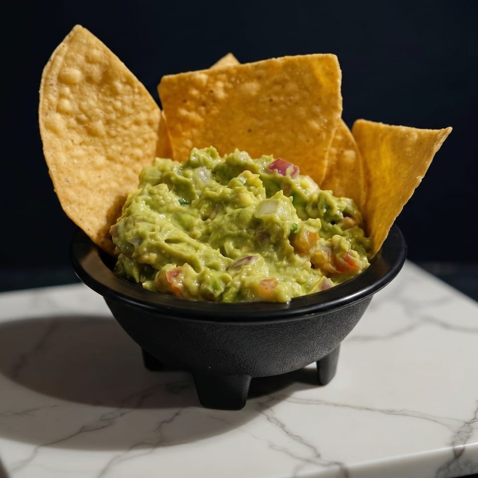 A black bowl of chunky guacamole with tortilla chips on a white marble slab.
